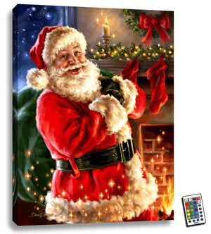 jolly Santa Claus holding his sack of toys, ready to bring joy to children around the world.  As you gaze upon this enchanting artwork, you'll be transported to a cozy living room where a roaring fireplace crackles behind Santa. You can almost feel the warmth emanating from the flickering flames as you take in the intricately designed stocking hung carefully on the mantle.