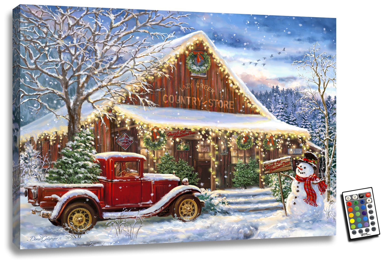 Celebrate the warmth and coziness of the holiday season with our stunning Country Store Christmas illuminated LED Wall art! Featuring an old-fashioned red truck parked in front of a charming, well-maintained wooden country store, this piece captures the spirit of a bygone era.