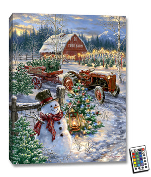 This stunning piece captures the magic of the season with its charming imagery. In the forefront, a jolly snowman holding a lantern welcomes you to the farm, while a magnificent Christmas tree glows brightly in the background.