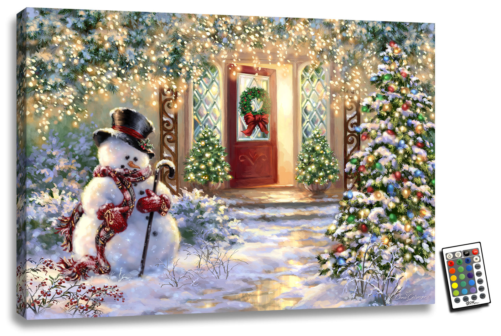 This beautiful 18x24 art piece captures the enchanting essence of winter wonderland romance, featuring a charming snowman with a top hat, scarf, mittens, and cane standing in front of an inviting open red door. Two small trees adorned with twinkling lights stand on either side of the door, creating a festive atmosphere that will fill your heart with joy.