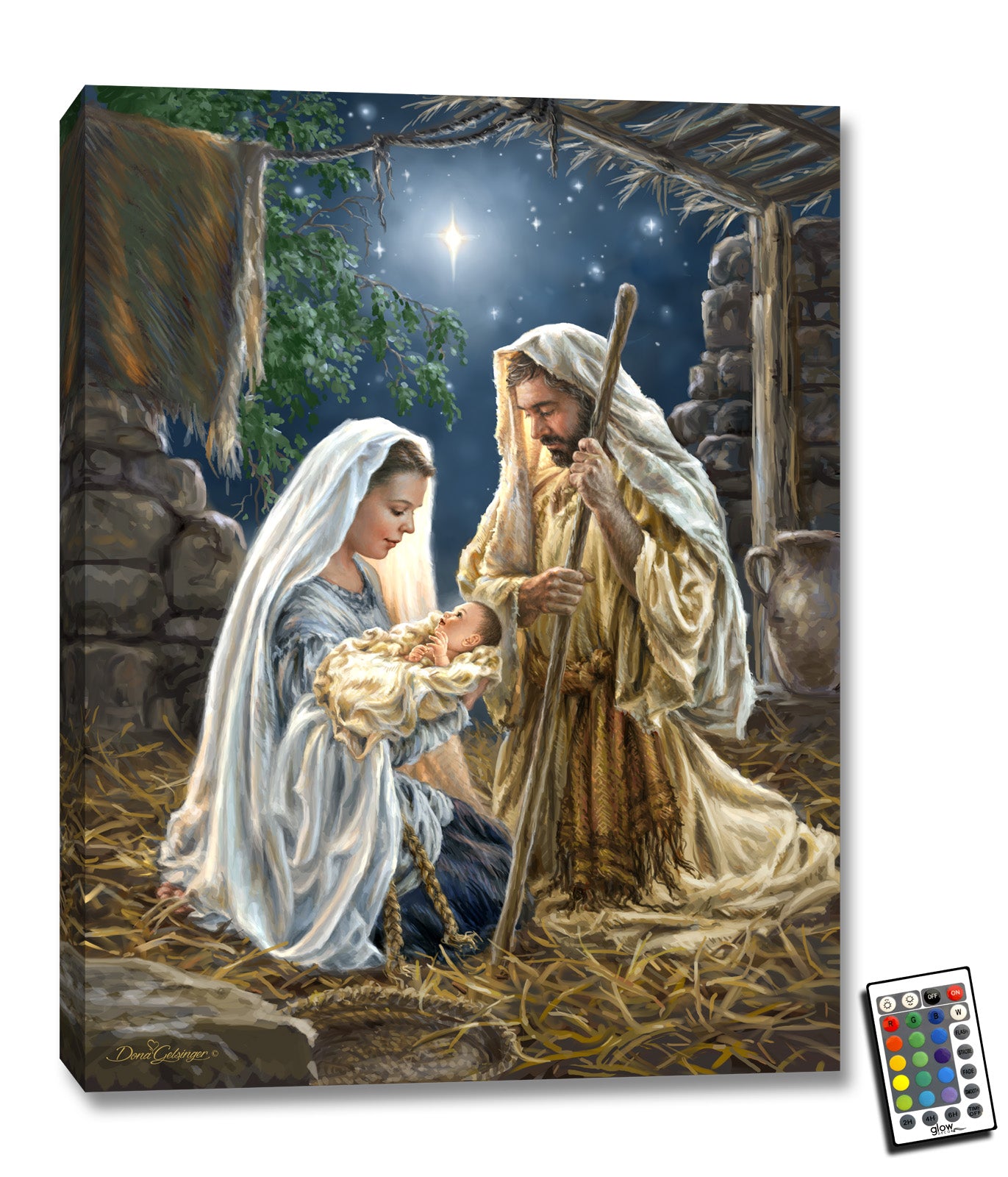  This beautiful piece captures the essence of the Nativity scene, with Mary holding baby Jesus and Joseph watching over them in the manger. The bright star in the background adds to the magical atmosphere, transporting you to that special moment in time.