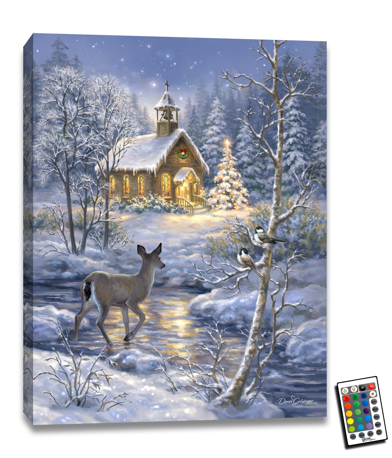 This stunning piece captures the serene beauty of a snow-covered scene, complete with a peaceful stream and a graceful doe taking a stroll. And in the distance, a charming chapel and a brightly-lit Christmas tree create a warm and welcoming atmosphere.
