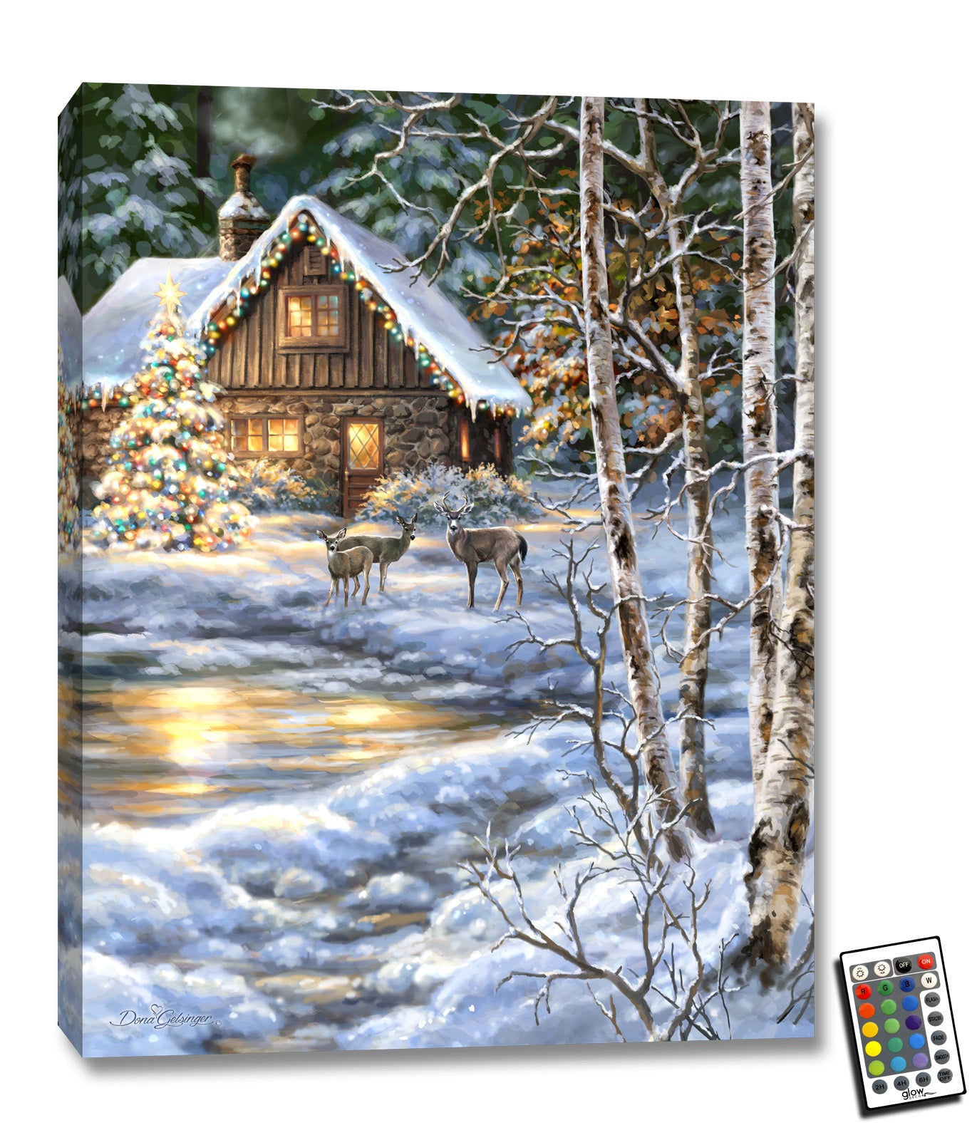 This stunning piece captures the magic of the season with a cozy cabin nestled amidst a snowy landscape, complete with a beautiful Christmas tree and two gentle deer nearby.
