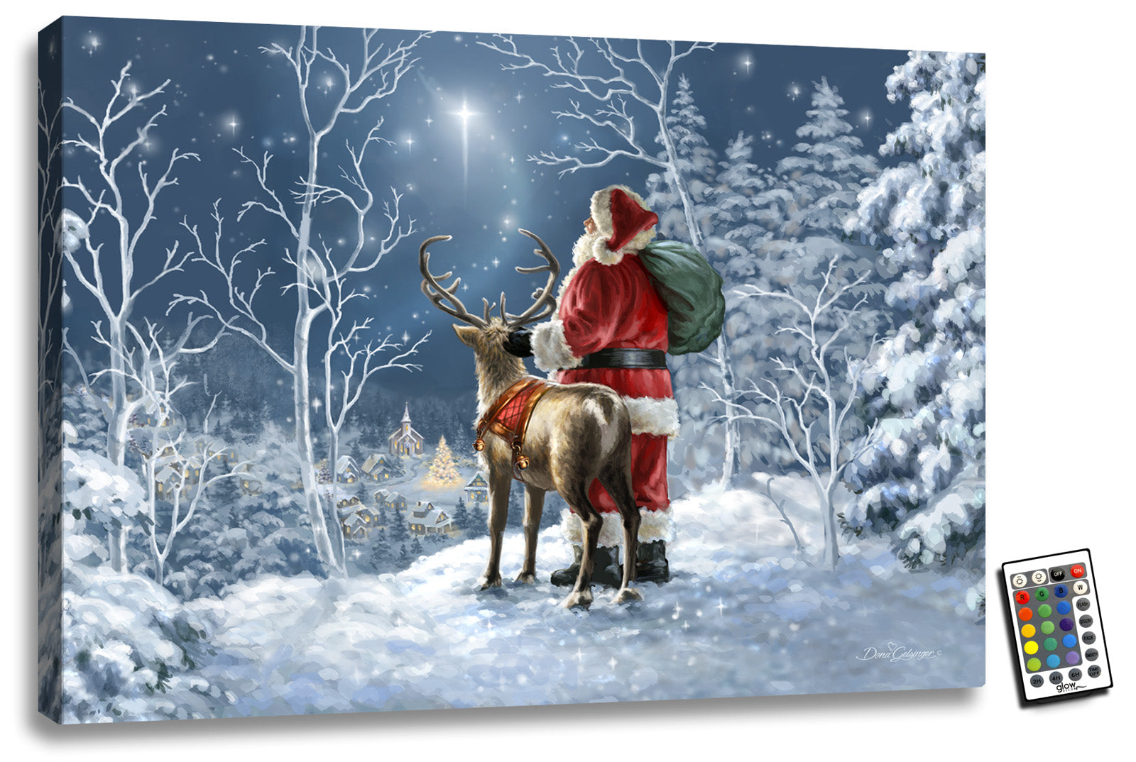 Santa standing on a ledge, proudly sporting his iconic red suit and a sack of toys slung over his shoulder. One of his trusty reindeer stands nearby, ready to take flight at a moment's notice.  As Santa gazes out into the distance, you can almost feel his excitement as he surveys the small town below