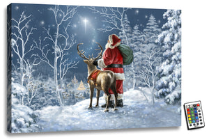 Santa standing on a ledge, proudly sporting his iconic red suit and a sack of toys slung over his shoulder. One of his trusty reindeer stands nearby, ready to take flight at a moment's notice.  As Santa gazes out into the distance, you can almost feel his excitement as he surveys the small town below