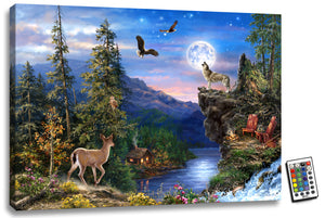  Immerse yourself in a breathtaking forest scene, where majestic animals roam free and the moon casts its luminous glow over the tranquil lake and cozy cabin.  Our artwork features a stunning wolf, graceful deer, wise owl, and regal bald eagles.