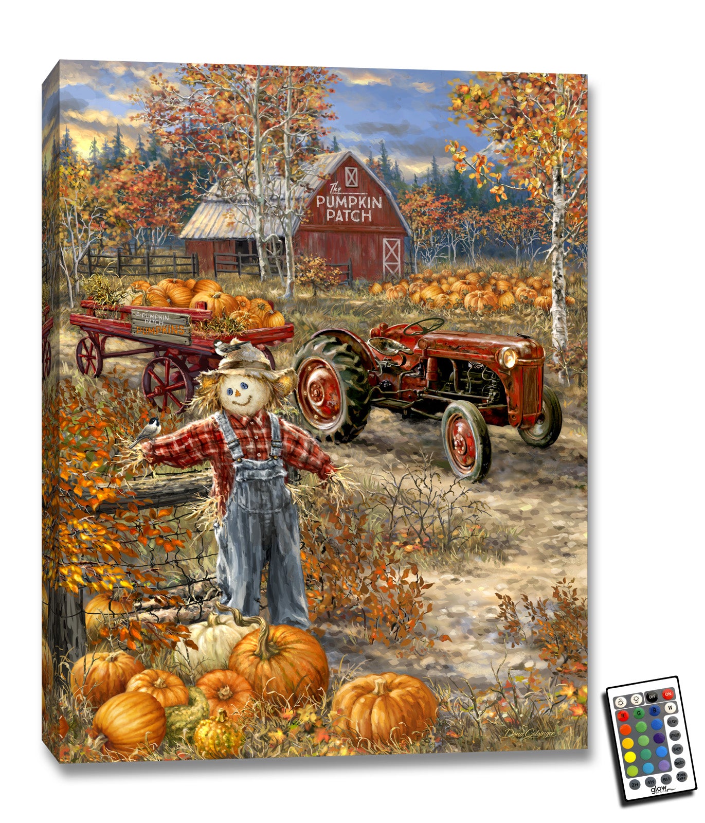 As you gaze upon this picturesque scene, you'll notice a friendly scarecrow standing guard by the fence, watching over the pumpkin patch. Behind him, a tractor with a trailer full of pumpkins sits, ready to transport them to their new homes. And in the distance, a majestic red barn stands tall, a symbol of the hard work and dedication that goes into growing these gorgeous pumpkins.