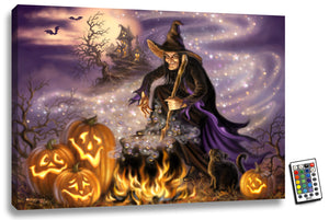 All Hallow's Eve 18x24 Fully Illuminated LED Art. In this spellbinding masterpiece, a witch stirs her cauldron, brewing a concoction of magical proportions.