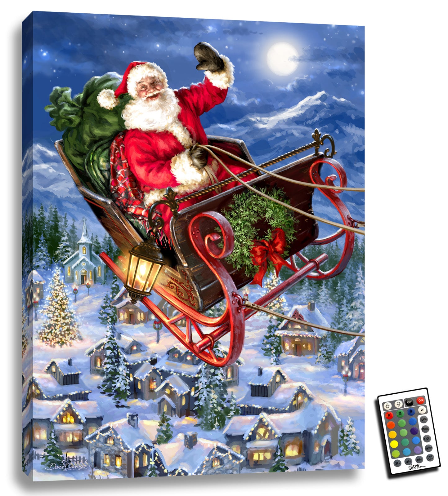 Let the whimsical charm of Santa Claus and his trusty sleigh transport you to a wintery wonderland.  As Santa waves with joy, his sleigh glows with LED lights, illuminating the night sky and bringing his generous spirit to life. His full sack of presents in the back of the sleigh promises to bring smiles to the faces of children everywhere.