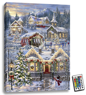This enchanting piece captures the essence of a picturesque snowy village, complete with ice skaters gliding across a frozen pond, a red horse-drawn carriage passing by, and a charming covered bridge spanning the gentle stream.  Nestled in the heart of the village is a cozy chapel, adorned with twinkling lights and surrounded by majestic Christmas trees. The warm glow of the LED lights illuminates every intricate detail, bringing this idyllic scene to life.