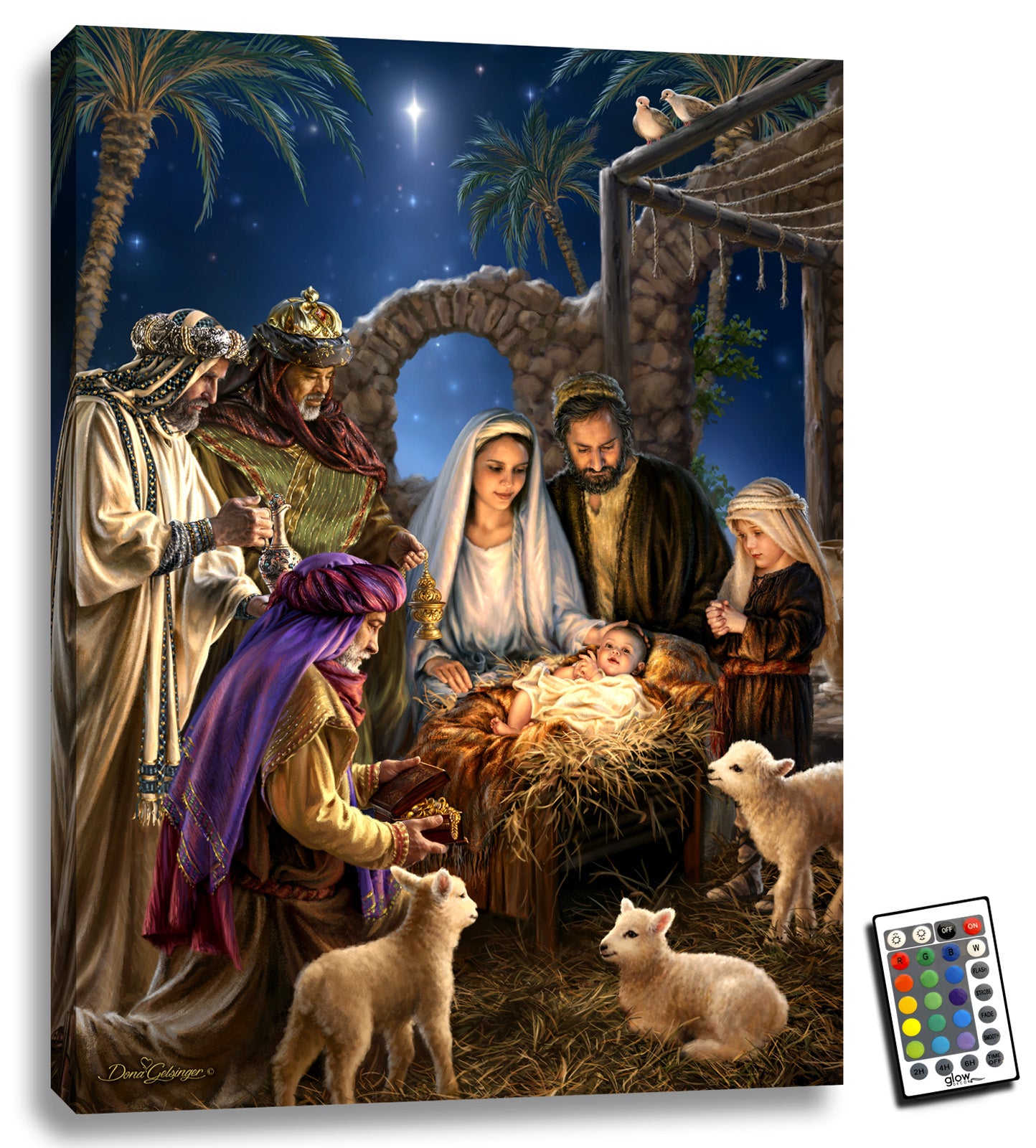  This beautiful piece captures the essence of the holy night when Jesus was born, with Mary and Joseph kneeling by his side, gazing upon their newborn child with awe and wonder. The wise men stand nearby, bearing their precious gifts, while a young boy and two lambs watch in amazement.