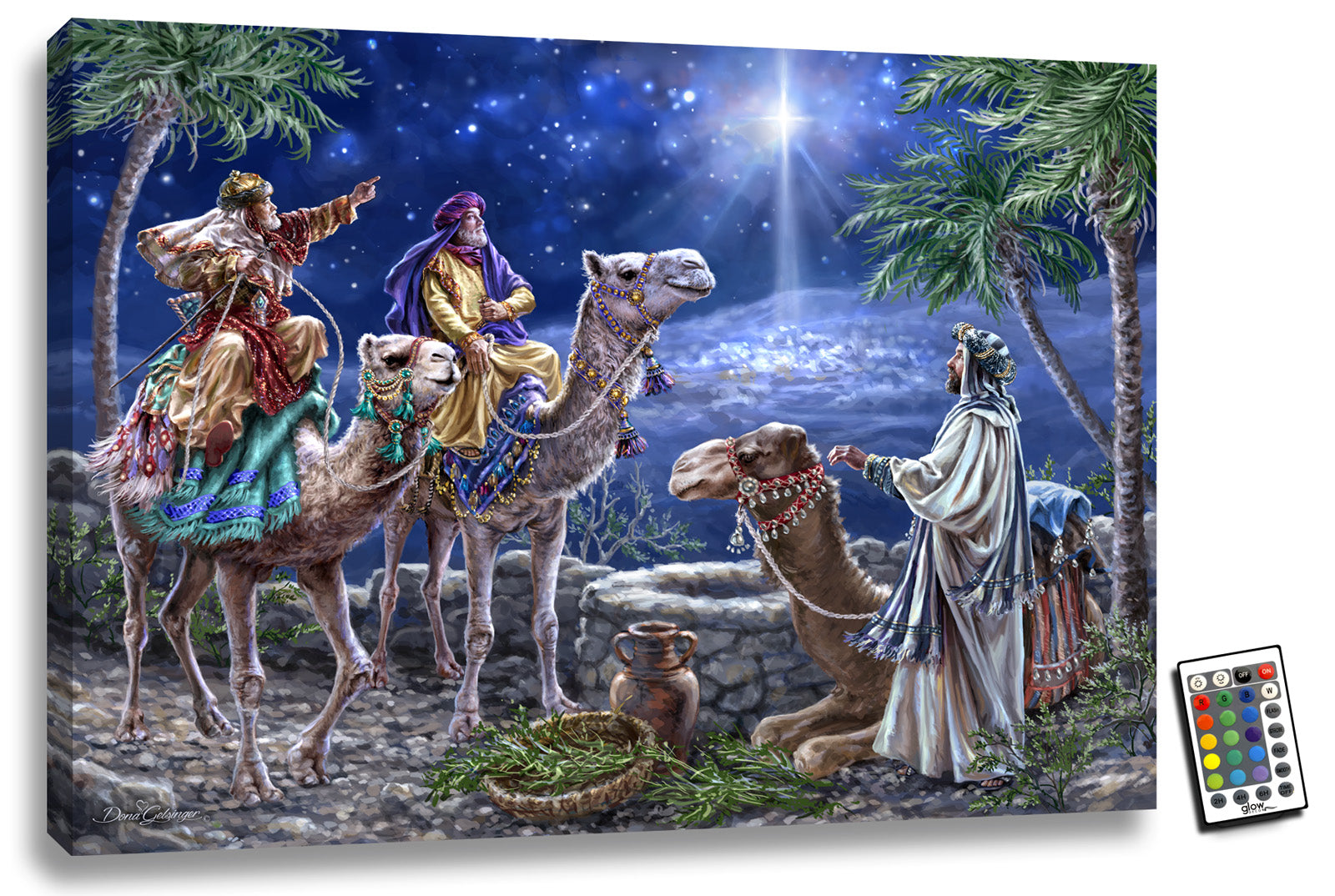 With intricate detail and vibrant colors, this masterpiece captures the essence of the beloved Christmas story.  The majestic camels carry the wise men through the desert as they look up at the sky in awe of the brilliant star shining down on them.