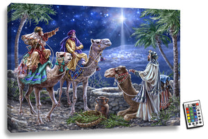 With intricate detail and vibrant colors, this masterpiece captures the essence of the beloved Christmas story.  The majestic camels carry the wise men through the desert as they look up at the sky in awe of the brilliant star shining down on them.