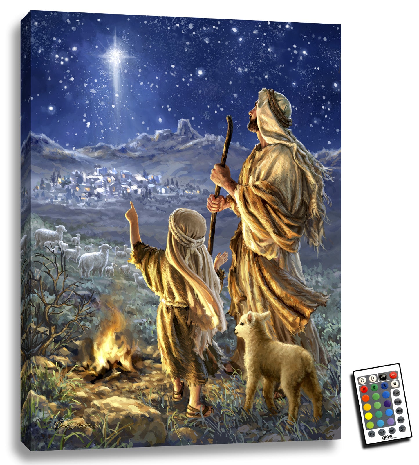  This stunning piece features a heartwarming scene of a shepherd and his son standing by a cozy fire, both of them gazing up at a bright and beautiful star in the sky. The young boy points excitedly at the star, while a curious lamb looks on.  In the distance, the rest of the shepherd's flock can be seen grazing peacefully in the field. And just beyond them, the star illuminates the town of Bethlehem, where the Savior of the world was born.