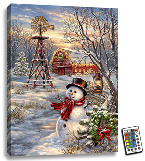 This enchanting scene features a charming snowman standing near a fence adorned with a festive wreath, while a warm lantern glows softly from a nearby tree.  As the snow gently blankets everything in sight, the magnificent windmill and rustic red barn in the background create a picturesque backdrop.