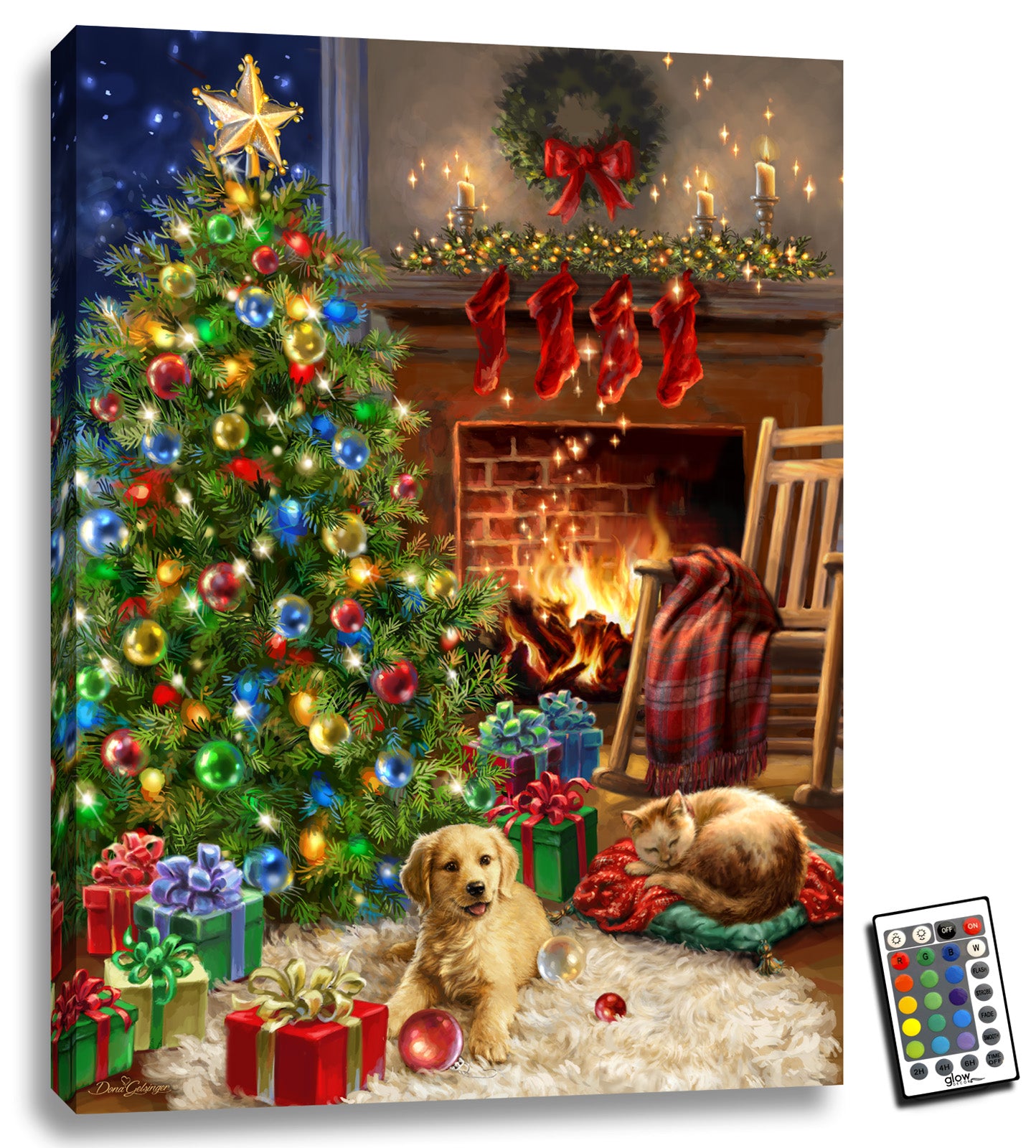 This stunning piece captures the essence of a perfect Christmas day, complete with a beautifully decorated tree, stockings hung with care, a crackling fireplace, and presents galore.  But that's not all. This artwork also features a precious puppy and kitten, nestled among the presents and eagerly awaiting the joy of the season. 