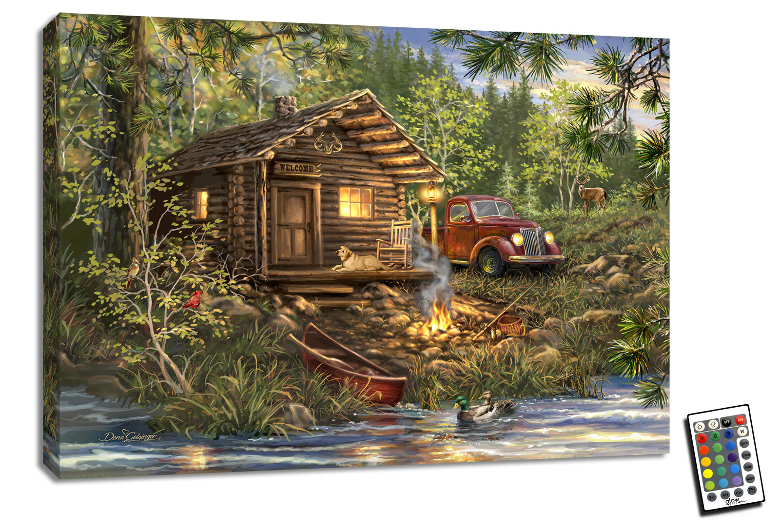  This charming piece features a picturesque scene of a little cabin nestled among the trees, complete with an old-fashioned red truck parked nearby, a loyal golden retriever, a crackling campfire, and a serene canoe waiting by the water's edge.