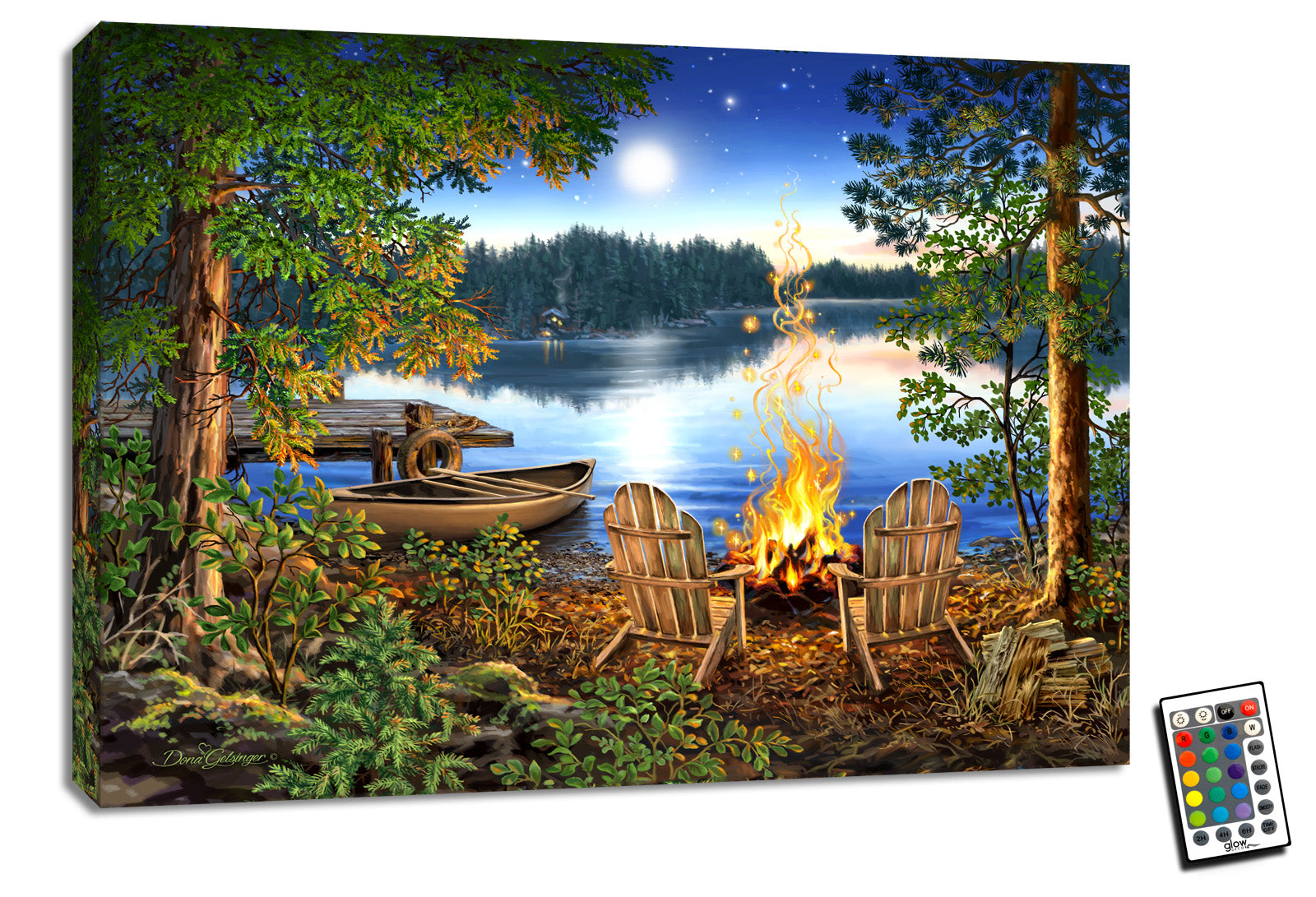 This stunning piece features a serene lakeside scene, complete with a warm and inviting campfire at the water's edge, flanked by Adirondack chairs just waiting for you and your special someone to snuggle up in.  The peaceful dock with a wooden boat gently swaying in the calm waters provides the perfect backdrop to watch the moon's soft glow as it illuminates the night sky. 