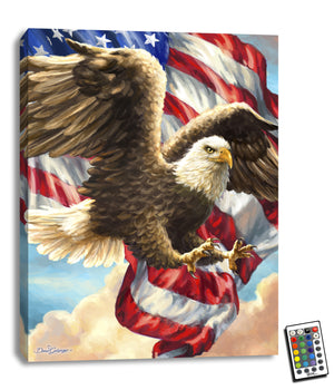 This beautiful work of art features a majestic eagle in full flight, its talons outstretched and ready for action. With a vibrant waving flag in the background, this piece is a true testament to the power and strength of the American spirit.