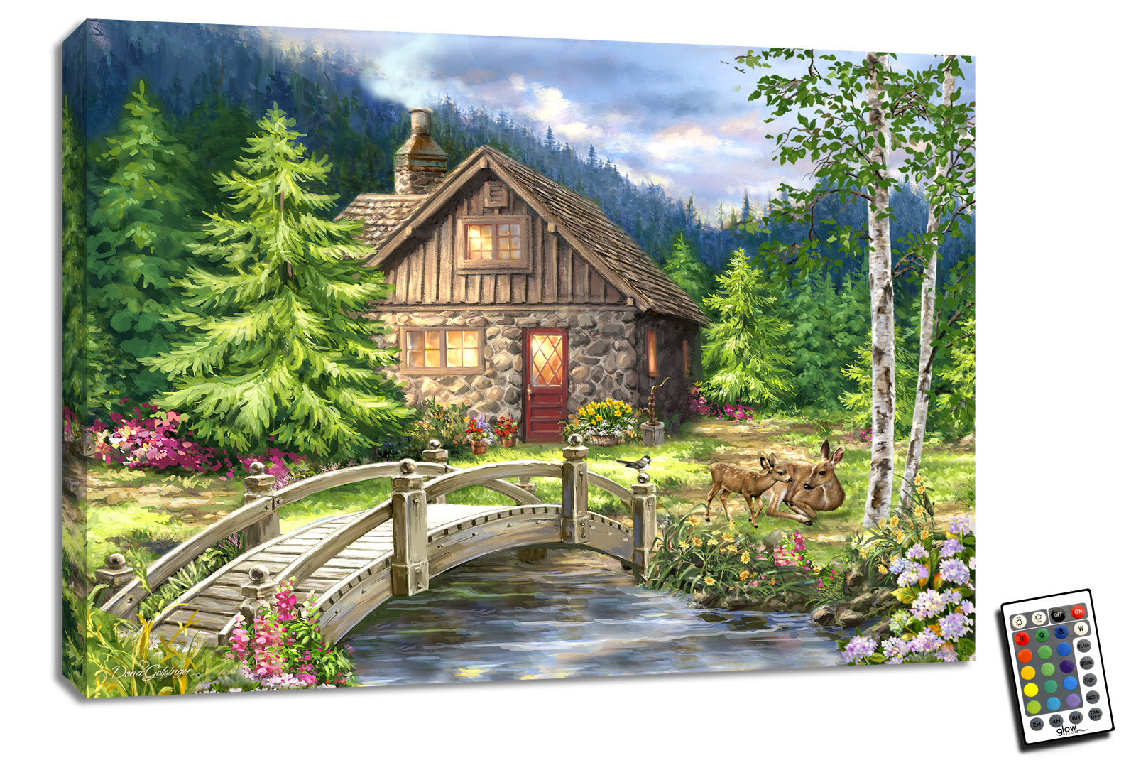 This captivating piece of art will transport you to a serene setting where a tranquil stream flows amidst lush flowers, and a quaint walking bridge beckons you to explore. A gentle doe and her fawn bask in the warmth of the sun nearby, adding to the idyllic charm of the scene.