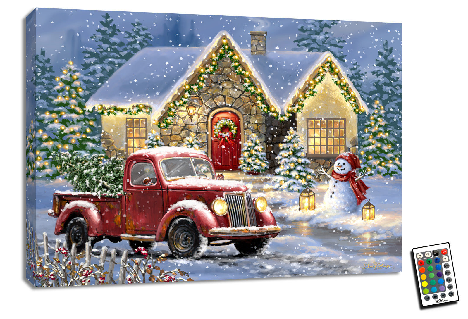 Christmas Light Lane's 18x24 Fully Illuminated LED Art, featuring a stunning portrayal of an old-fashioned red truck parked in front of a cozy snow-covered house, complete with a snowman in the front yard.