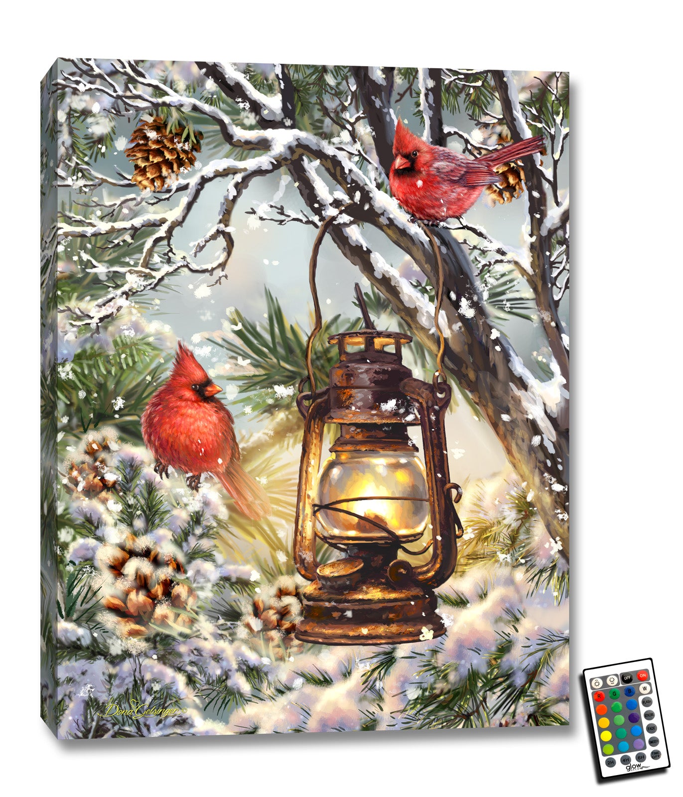 This stunning piece features two beautiful cardinals perched on a snow-covered tree, with a warm lantern nestled between them.