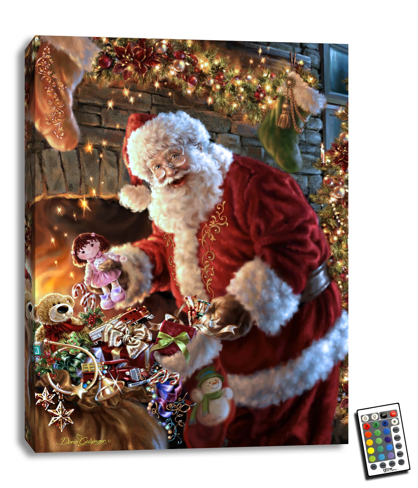 This beautiful 18x24 art piece features a jolly Santa Claus reaching into his bag of goodies to fill the stockings hung above a warm and cozy fireplace.  The soft LED lights illuminating this stunning piece of art will create a magical atmosphere in any room
