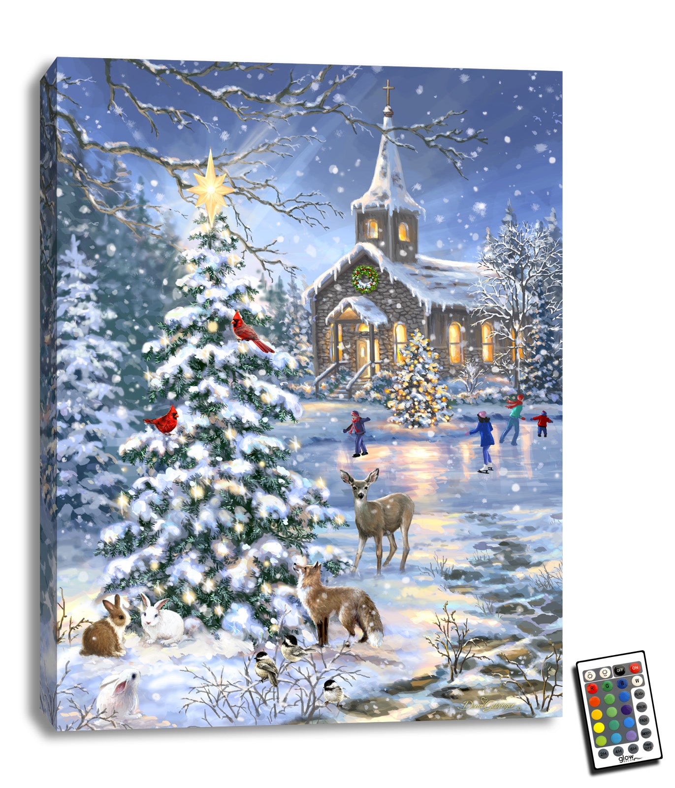  This stunning piece captures the essence of winter wonderland with its breathtaking snow-covered pine tree adorned with twinkling lights and a bright star on top.  As you gaze upon this art piece, you'll notice the charming company of woodland creatures, including playful bunnies, a graceful doe, a curious fox, and cheerful birds, all cozied up by the tree.