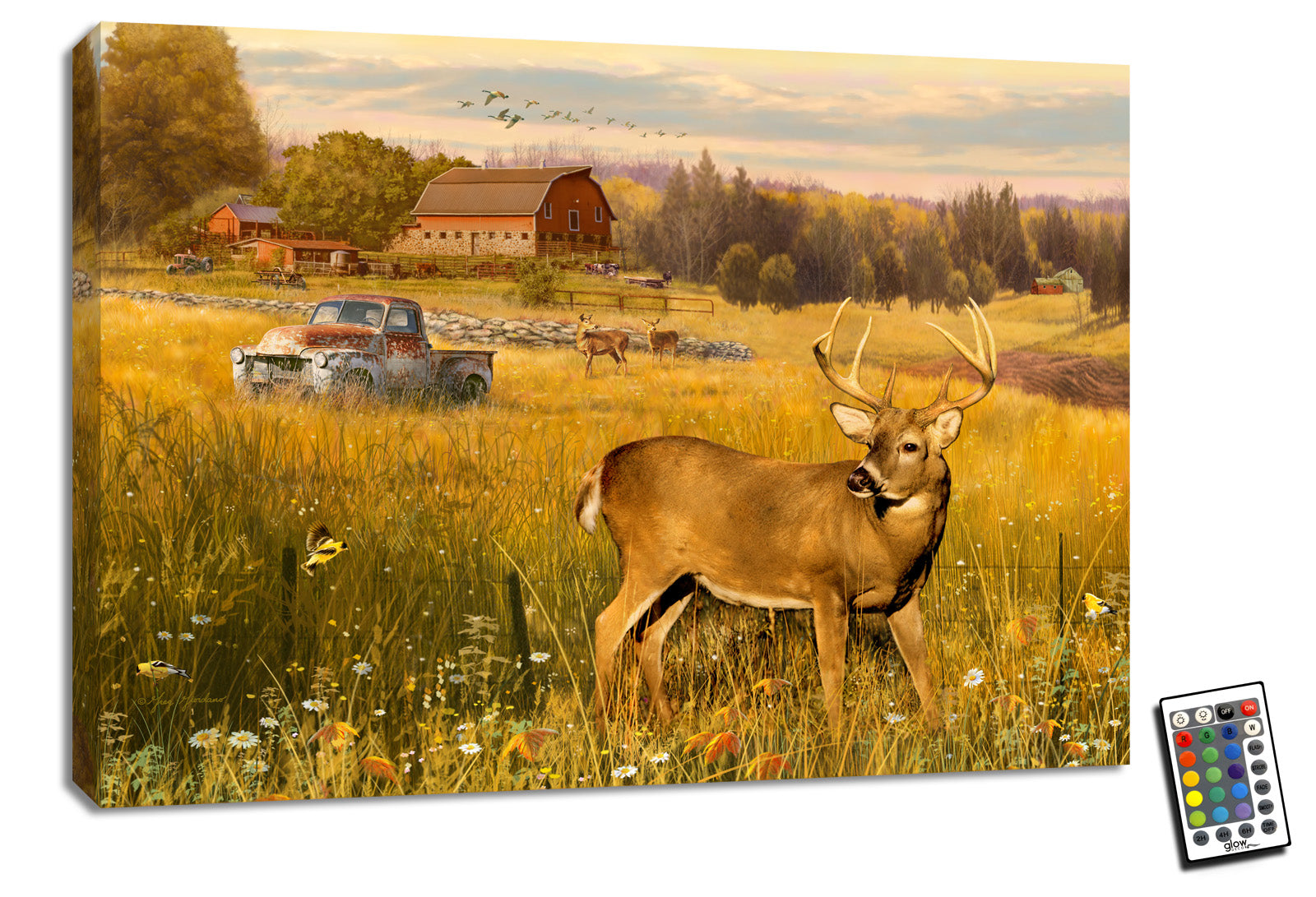  With its stunning imagery of a majestic deer amidst a serene landscape, this artwork will transport you to a world of love and romance.  The intricate details of the rusted truck and the charming farm in the background add to the artwork's rustic and nostalgic feel.