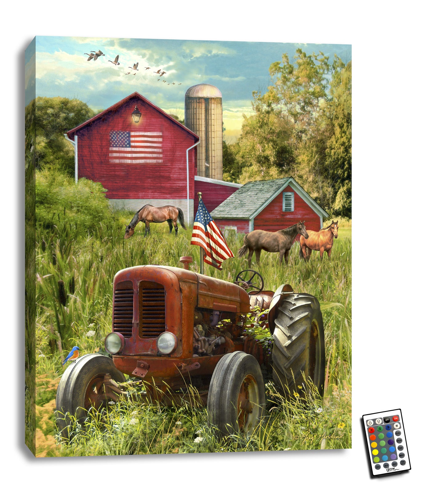  Featuring a beautiful image of a tractor sitting in a vast green field, with an American flag waving proudly on it, this wall art is the perfect addition to your home decor.  As you gaze at the image, you'll also notice three majestic horses grazing in the background, while a red barn with an American flag painted on it stands tall and proud.