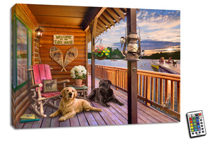 Featuring two adorable pups lounging on the porch of a cozy lake house, this artwork captures the essence of a peaceful getaway.  As you gaze at the picturesque scene, you'll be transported to a serene oasis where time slows down and relaxation is the only priority. The dock stretching out into the lake beckons you to sit and unwind, with two inviting chairs and a loyal dog waiting for your company.