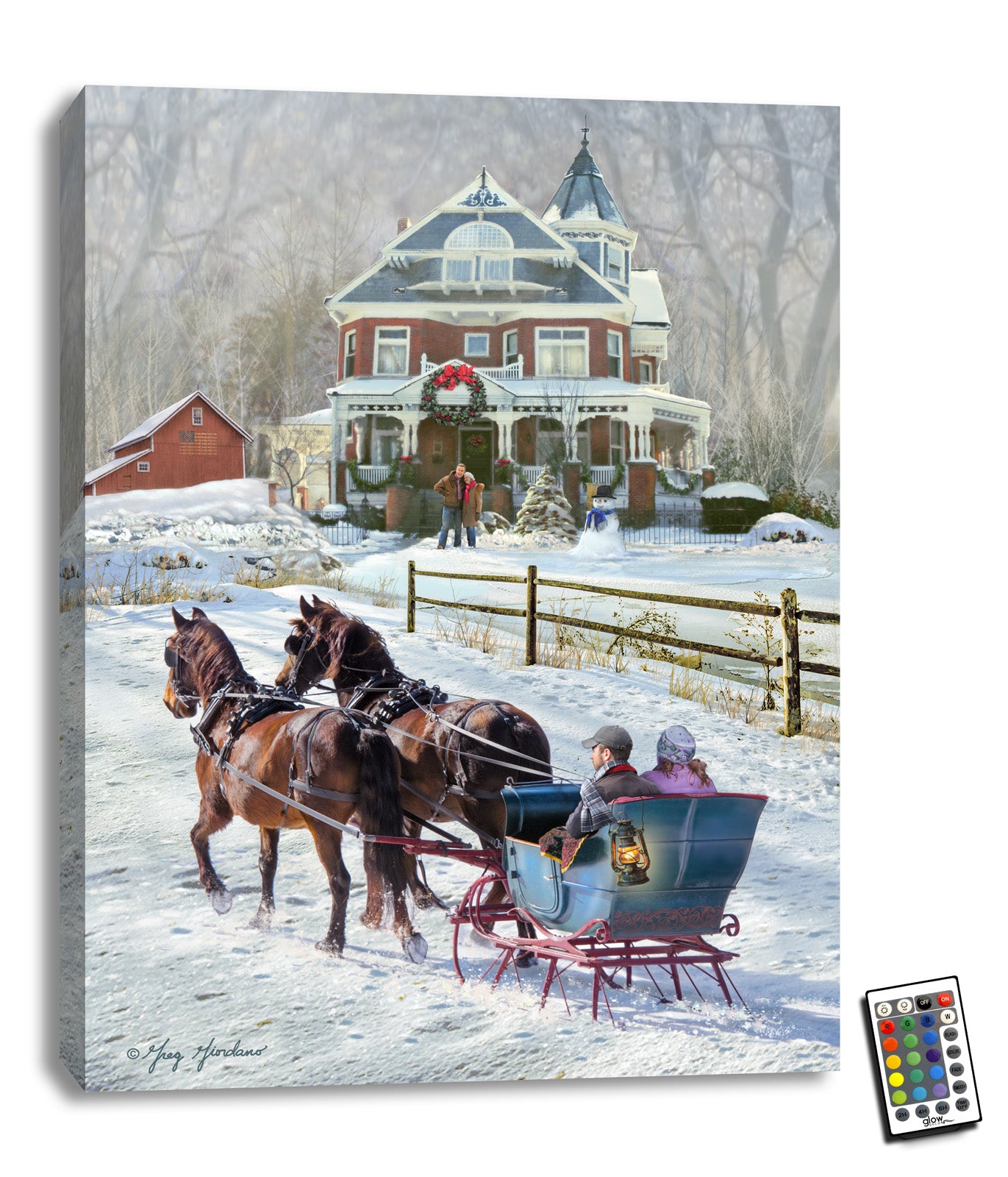 This stunning piece features a breathtaking scene of a blue horse-drawn sleigh gliding through the snow, pulling a romantic couple towards a picturesque Victorian-style house.  As you take in the scene, you'll notice another couple standing in front of the house, taking in the beauty of the snow-covered surroundings.