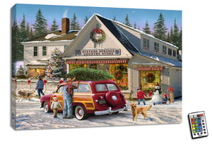  Our beautiful artwork captures the essence of a cozy, small-town Christmas with a heartwarming scene that is sure to bring a smile to your face.  In this enchanting artwork, you'll see a happy family with a Christmas tree strapped to the roof of their car, parked in front of a charming country store. The store is adorned with festive decorations, inviting you to step inside and explore all the wonders of the holiday season.