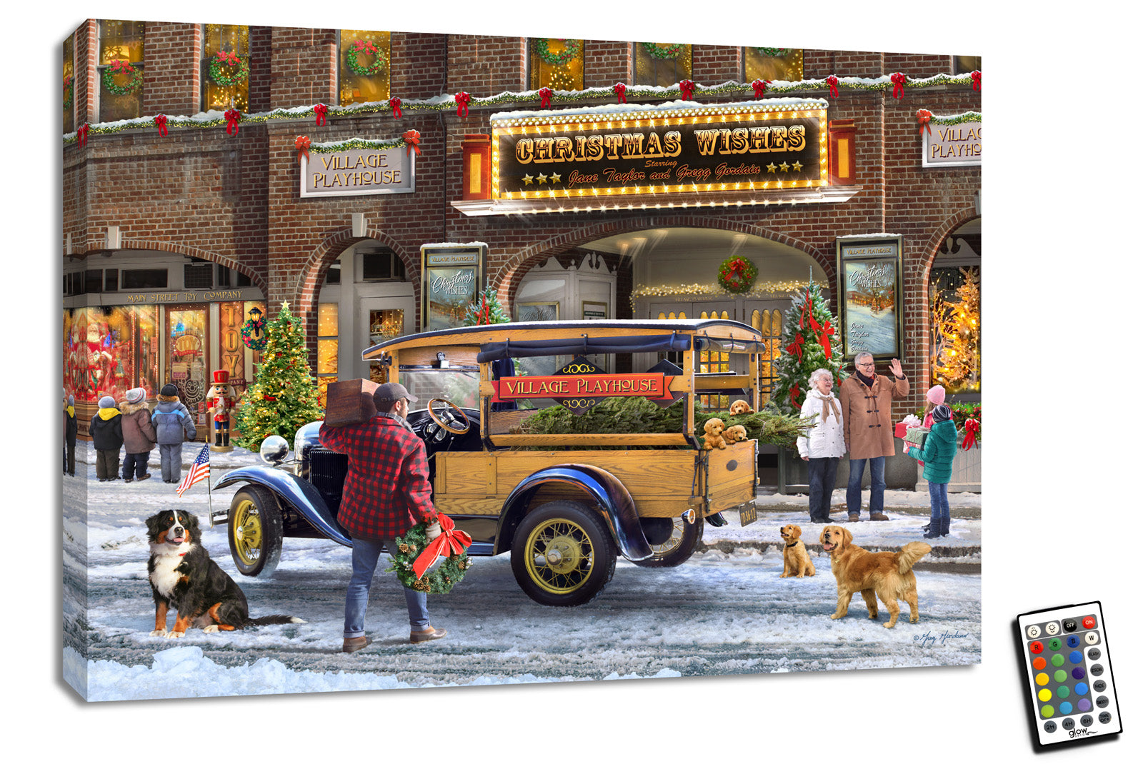  This charming piece of art features an old-time yellow truck parked in front of a bustling small-town theatre, beautifully decorated with twinkling lights and wreaths.