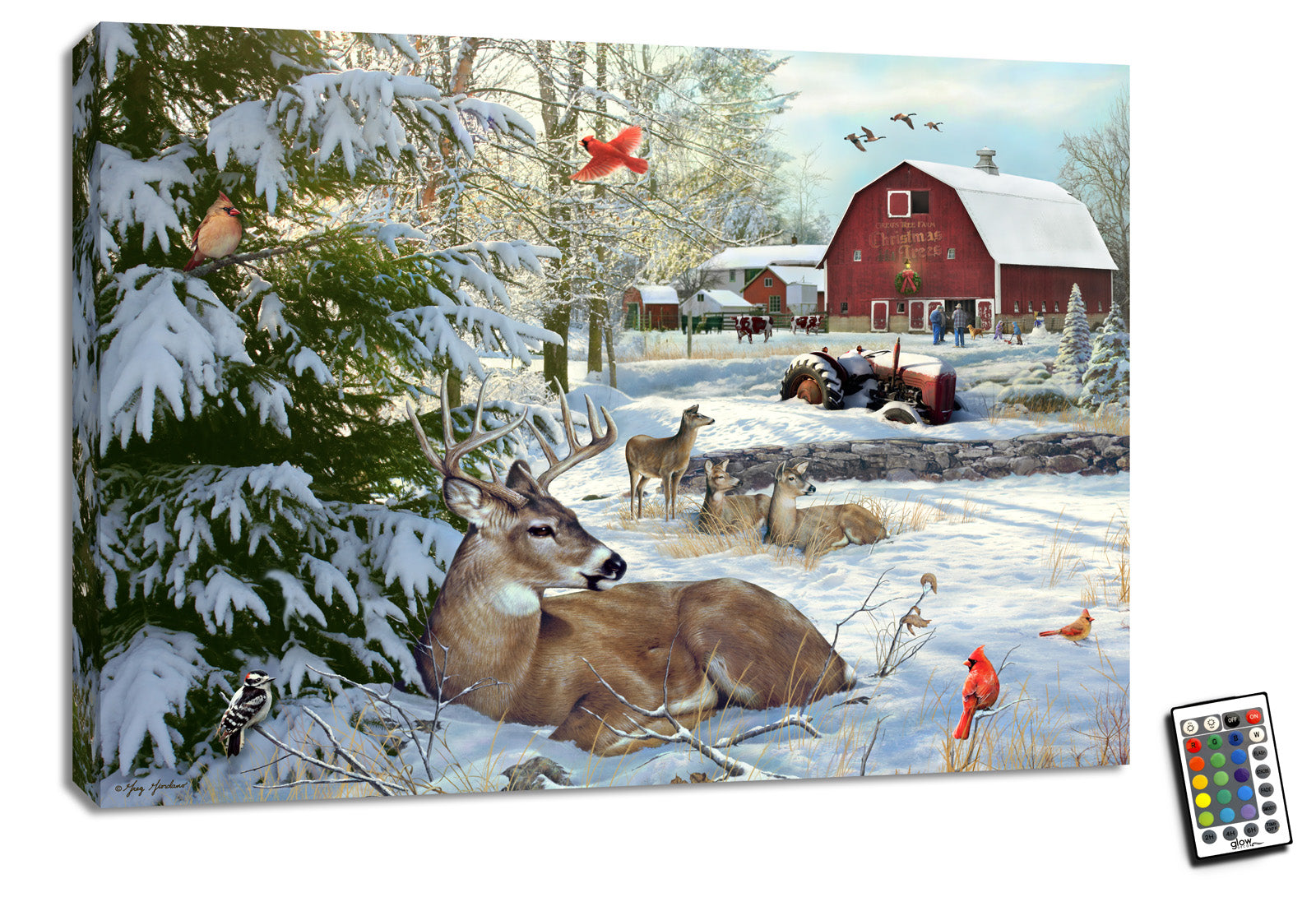 this stunning piece features a picturesque scene of a family of deer resting near a snow-covered farm. In the background, a family is gathered by a charming red barn, adding warmth and familiarity to the scene.