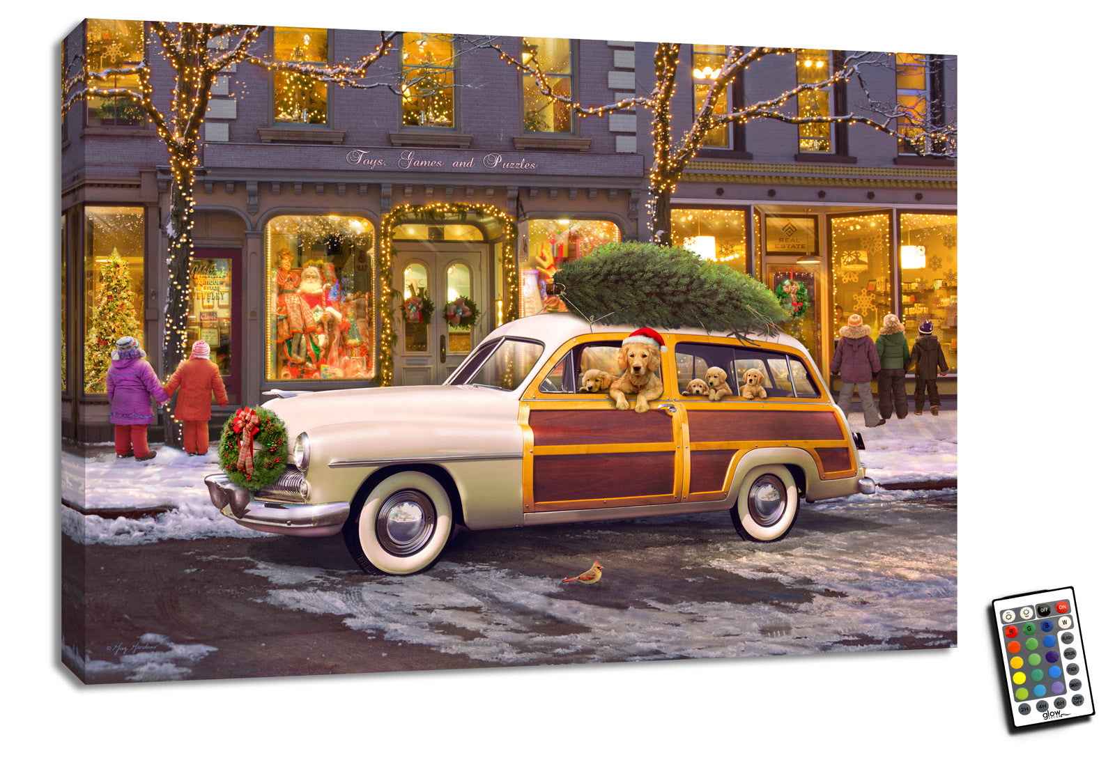 This charming piece features a vintage car with wooden paneling parked in front of a bustling shopping area. A playful golden retriever and its adorable puppies sitting in the car, with the retriever even donning a Santa's hat for the occasion.