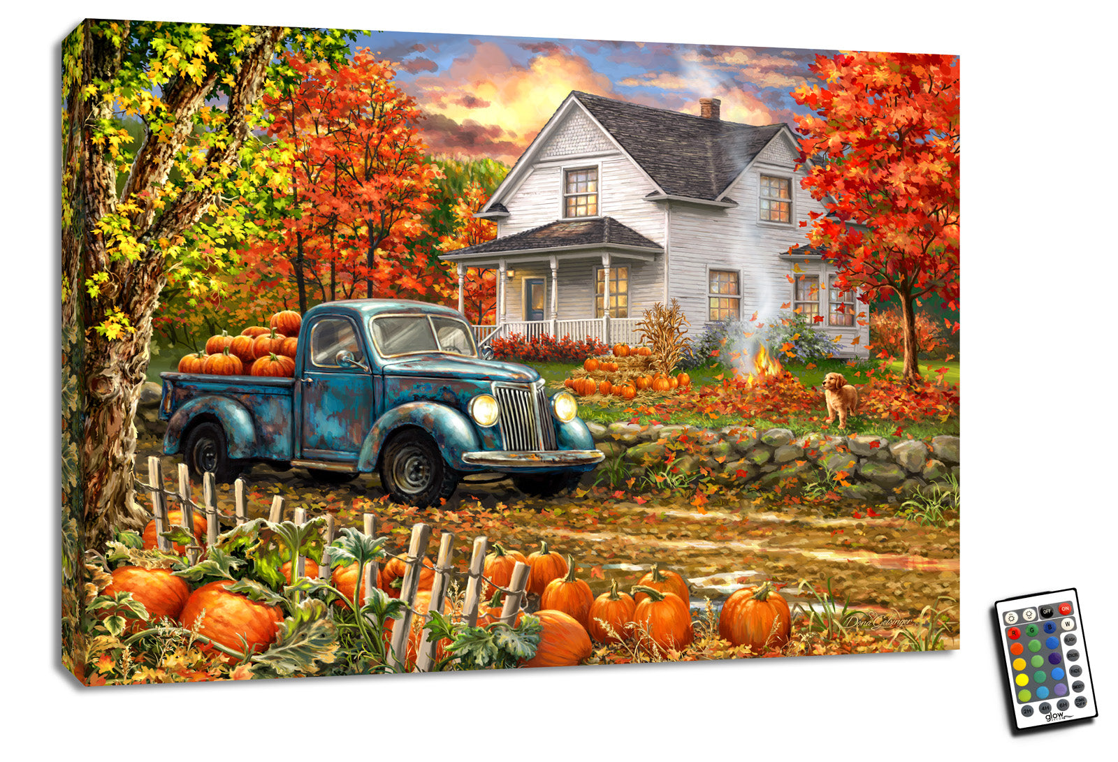 This charming piece captures the essence of autumn with an old-fashioned blue truck, brimming with plump, orange pumpkins. Parked in front of a cozy country house, this scene is made even more heartwarming by the presence of an adorable golden retriever puppy in the front yard.