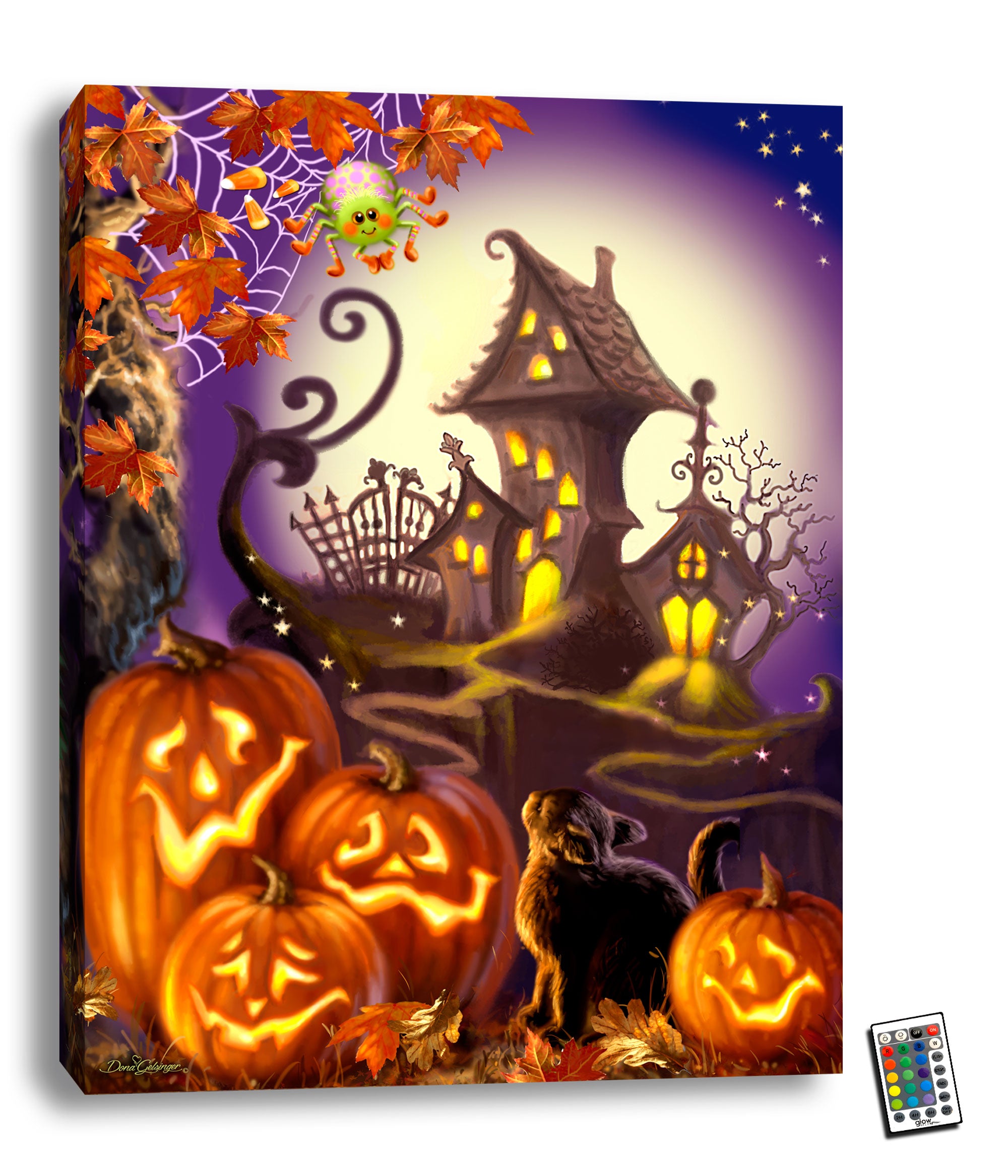 This captivating canvas transports you to a whimsical yet eerie scene, where jack-o-lanterns flicker ominously, a black cat slinks through the shadows, and a witch's cabin looms in the distance.