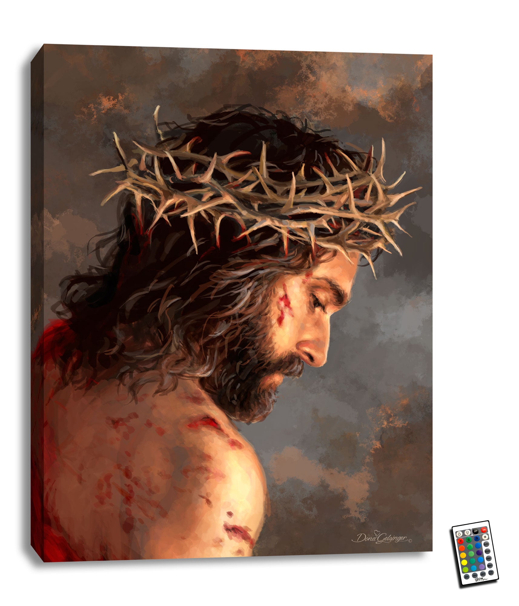 Introducing the Crown of Thorns 18x24 Fully Illuminated LED Art, a stunning portrayal of Jesus in the midst of his suffering. This breathtaking painting captures the heart-wrenching moment when Jesus wore a crown of thorns, a symbol of the sacrifice he made for all of humanity.