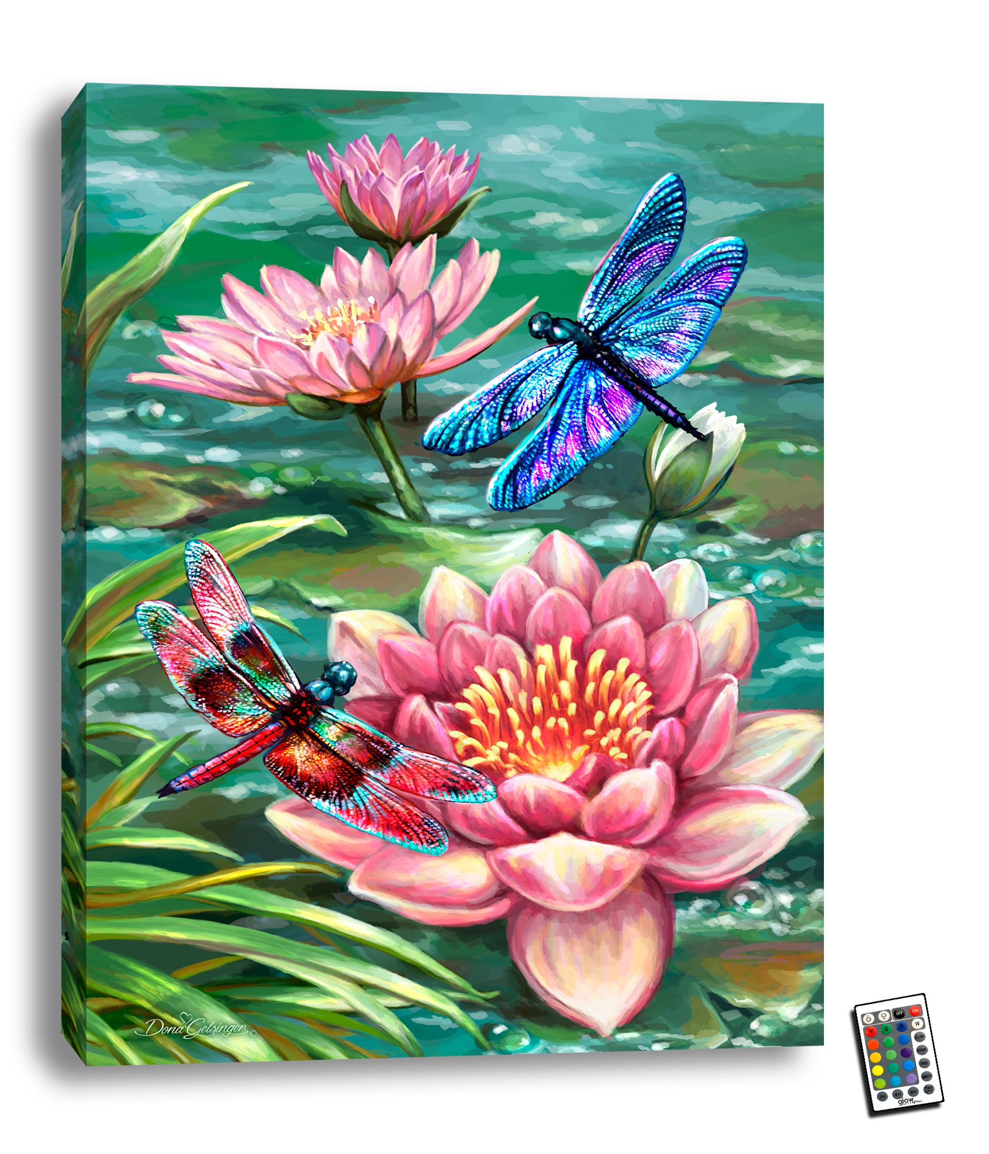  Measuring 18x24 inches, this stunning piece captures the serene essence of a tranquil water scene, complete with two vibrant dragonflies fluttering around delicate water lilies.