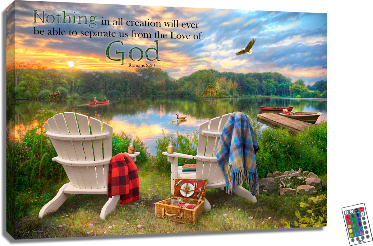 ndulge in the serenity of the great outdoors with our Adirondack Chairs 18x24 Fully Illuminated LED Art. Featuring a picturesque scene of two Adirondack chairs sitting peacefully on the bank of a tranquil lake with Romans 8:39 on the print.
