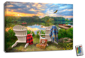 Escape to a serene lakeside retreat with our Adirondack Chairs Fully Illuminated LED Art. This stunning piece captures the beauty of nature with two cozy Adirondack chairs nestled along the tranquil shore. 