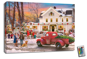 Experience the warmth and romance of the holiday season with our stunning Country Inn 18x24 Fully Illuminated LED Wall Art. Featuring a charming old fashioned red truck, complete with a Christmas tree in its bed, parked in front of a cozy and inviting country inn. The scene captures the essence of the season - family, joy, and togetherness.