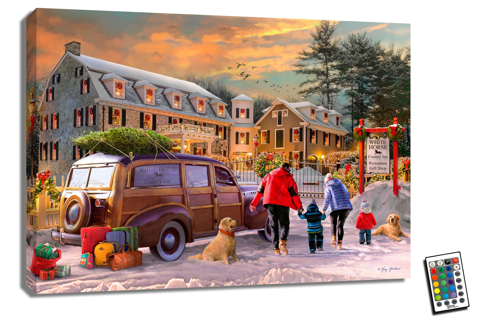 With an old station wagon parked nearby, complete with a tree tied to the top and luggage loaded in the back, this artwork transports you to a simpler time when road trips were the norm and family vacations were eagerly anticipated. Adding to the idyllic ambiance are two golden retrievers eagerly awaiting their adventure alongside their beloved family.