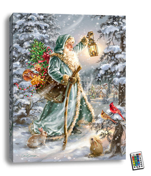Capturing the spirit of the season, this enchanting piece features Saint Nicholas walking through a snow-covered forest with delicate snowflakes gently fluttering down around him.  Holding a walking stick and a lantern, Saint Nicholas is on a mission to bring joy to children far and wide. With a sack of toys thrown over his shoulder, he is surrounded by adorable bunnies and charming cardinals, all eagerly awaiting his arrival.