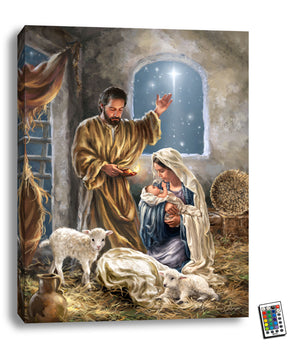 The art depicts Mary, the mother of Jesus, kneeling and holding her newborn baby in her hands, surrounded by the warmth of Joseph, her faithful husband. Above them, Joseph stands with hands raised in worship, his eyes fixed on the divine child.  Adding to the peaceful ambiance, two gentle lambs sit nearby, gazing upon the miracle before them. And the star that led the wise men to the stable shines brightly in the background.