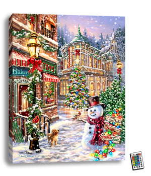 This breathtaking 18x24 artwork captures the charm and nostalgia of a small town downtown Christmas scene, complete with sparkling snow, twinkling lights, and festive decorations.