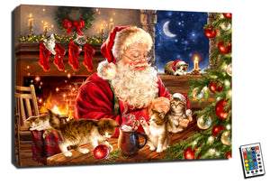  This enchanting piece captures the joyful spirit of Christmas with its heartwarming scene of Santa Claus surrounded by playful kittens.  As Santa sits at his table, the cute and cuddly kittens frolic in front of him, filling the air with laughter and excitement. A beautifully decorated Christmas tree stands tall and proud, adorned with sparkling lights and colorful ornaments. And in the background, a cozy fire roars, casting a warm and inviting glow over the entire scene.