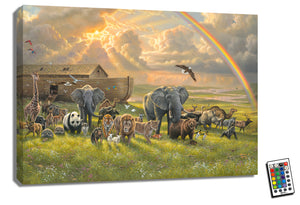 Experience the magic of new beginnings with our stunning 18x24 Fully Illuminated LED Art piece, featuring animals leaving Noah's Ark.