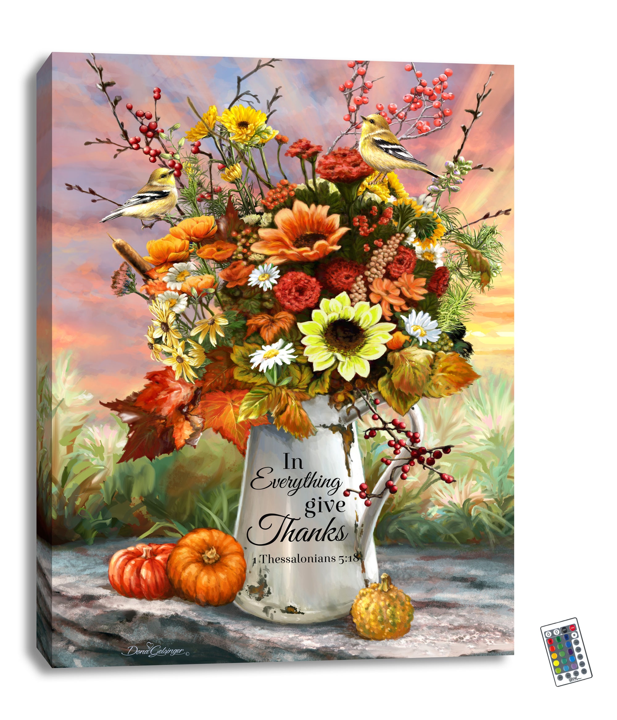  This breathtaking piece features a stunning display of colorful fall-themed flowers and leaves, elegantly arranged in a charming tin watering can. With the scripture "In everything give thanks" from 1 Thessalonians 5:18 beautifully written on the tin, this artwork serves as a reminder to be grateful for all of life's blessings.